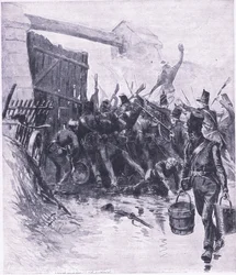 Angrebet på La Haye Sainte, illustration fra British Battles on Land and Sea, 1915