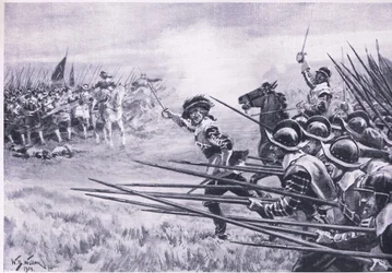 Angrebet af det royalistiske infanteri ved Naseby, juni 1645, illustration fra britiske slag på land og hav, 1915