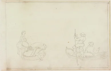 To prammænd og mand og kvinde med kurv (blyant på papir (på papir med M749))