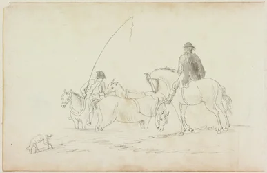 To mænd til hest med to heste og hund (blyant og akvarel (vask) på papir (på papir med M751))