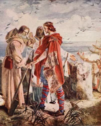 Egfrith tilbyder bispedømmet i Hexham til Cuthbert, 678, illustration fra 