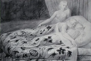 Har og Heva sover med Mnetha, der vogter dem, illustration fra 