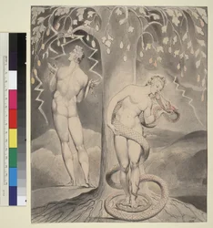 Illustration 9 til Miltons "Det tabte paradis": Evas fristelse og fald