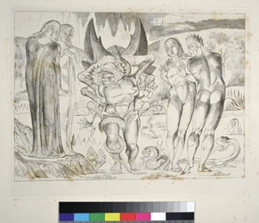 Tyvenes kreds: Agnolo Brunelleschi angrebet af en seksfodet slange-inferno, Canto XXV, illustration til 