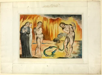Tyvenes Kreds; Buoso Donati angrebet af slangen. Inferno, canto XXV