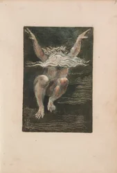 The First Book of Urizen, pl.7 (En nøgen mand med et flydende hvidt skæg, der ser ud til at rejse sig på dybt vand) 1794 (farvetrykt relief radering med wc)