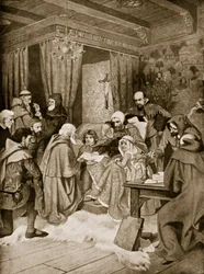 Robert Bruce overdrager et charter, 1329, illustration fra 