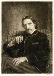 Robert Louis Stevenson (1850-1894) britisk forfatter bedst kendt for sine bestsellerbøger Treasure Island, Kidnapped and the Strange Case of Dr Jekyll and Mr Hyde. Illustration af William Brassey Hole (1
