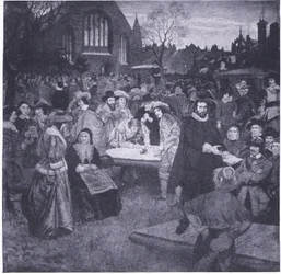 Underskrivelse af den nationale pagt i Greyfriars Churchyard 1638, fra Cassells History of the British People udgivet af Waverley Book Company Limited, ca. 1940