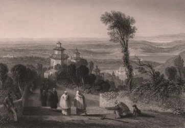 Näkymä Sacro Montesta (Pyhä vuori) Varesessa, Lombardiassa, Italiassa, T Willmoren teräskaiverrus William Brockedonin (1787-1854) piirustuksesta, n. 23x18 cm