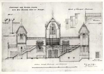 Detaljer om indgange, trapper, døråbning til ovnkammer og gelændere, (New Big School), Rugby School, 1844 (sort blæk, blyant og wc)