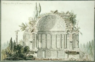 Design til et ødelagt mausoleum for prinsen af Wales (1738-1820) 1752 (pen, blæk og akvarel på papir)
