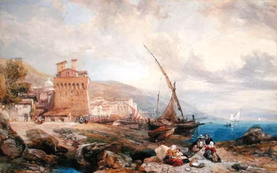 Salerno-bugten, ca. 1840 (akvarel og gouache i hvidt papir)
