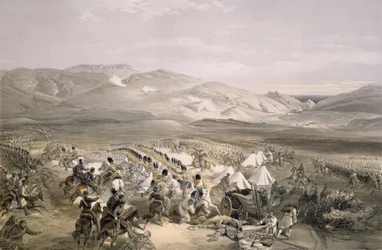 Den tunge kavaleribrigades angreb i slaget ved Balaclava den 25. oktober 1854, graveret af E. Walker, udgivet af E. Walker, pub. 1855