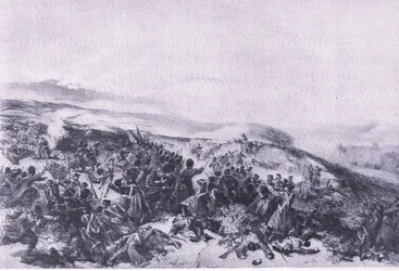 Anden anklage fra vagterne, da de gentog de to pistolbatterier i slaget ved Inkerman, illustration fra British Battles on Land and Sea, 1915