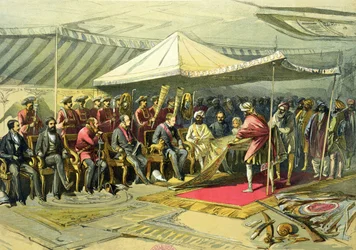 Vicekongens genbesøg til Maharajah of Cashmere, 1863 (chromolitho)