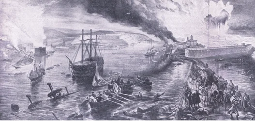 Sevastopols fald og russernes tilbagetog, 8. september 1855, illustration fra britiske slag på land og hav, 1915