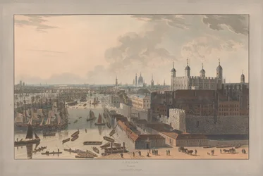 Planche II: London, Poolen og Tower (fra William Daniells Seks udsigter over London; Themsens bred)