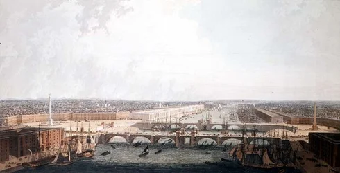 Udsigt over London med forbedringerne af dens havn og den dobbelte London Bridge. Indsendt til Underhusets udvalgte udvalg af William Daniel (akvatint)