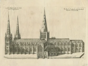 Lichfield Cathedral - South View: kobberpladegravering, nd [?midten af det 17. århundrede]