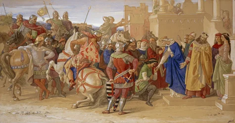 Ridderne af det runde bord er ved at tage af sted i Quest of the Holy Grail, 1849