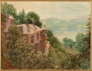 John Ruskin i sit tårnstudie i Brantwood (akvarel)