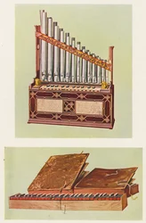 Musikinstrumenter: Bærbart orgel og bibelregal (farvelitografi)