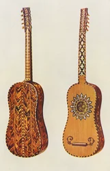 Musikinstrumenter: Rizzio-guitaren (farvelitografi)