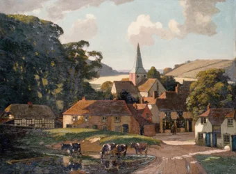 Harting Village and Pond (olie på lærred)