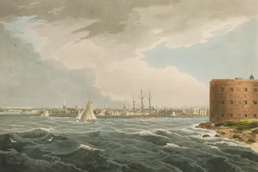 New York fra Governors Island, nr.20 fra Hudson River Portfolio, indgraveret af J. Hill, 1821-25