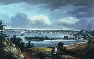 New York fra Heights Near Brooklyn, 1820-23 (farvet akvatint)