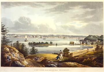 New York fra Heights nær Brooklyn, indgraveret af John Hill, udateret (akvatint)