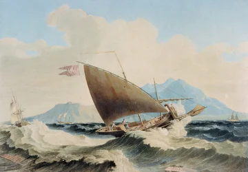Udsigt over øen Lipari og en maltesisk Speronare