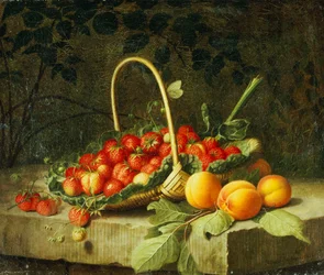 En kurv med jordbær med ferskner på en stenafsats, 1856