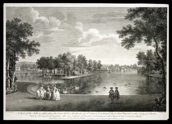 Udsigt over søen fra Centre Walk i haven ved West Wycombe, Buckinghamshire, indgraveret af William Woollett (1735-85)