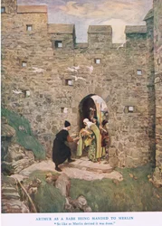 Arthur som babe bliver overleveret til Merlin, illustration fra 