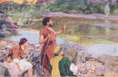 Johannes så på Jesus, mens han gik, og sagde: "Se, Guds lam", fra The Bible Story udgivet af Hodder & Stoughton, ca.1930