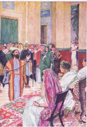 Paul før Agrippa, fra The Bible Story udgivet af Hodder & Stoughton, ca. 1930 (farve litho)