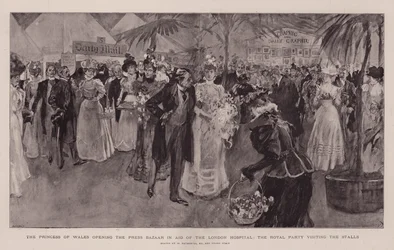 Prinsessen af Wales åbner pressens basar til fordel for London Hospital, og det kongelige selskab besøger boderne