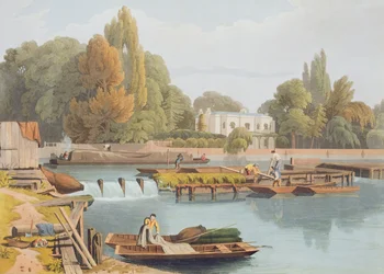 The Weir, fra Marlow Bridge, indgraveret af Robert Havell den Yngre (1793-1878) udgivet 1818 (akvatinte)