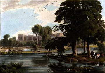 Udsigt over Windsor Castle fra legepladserne ved Eton College, indgraveret af Robert Havell (1769-1832) 1814 (farvegravering)