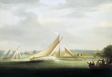 Yachter fra Cumberland Society Race på Themsen (England), ca. 1815, forfader til Royal Yacht Race på Themsen. Olie på lærred