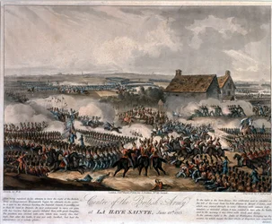 Center for den britiske hær ved La Haye Sainte under slaget ved Waterloo, ætset af Thomas Sutherland, 1816 (farvet akvatint)
