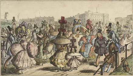 Mænd og kvinder i slående påklædning går i en park i en by The Park - 1830 (titel på objekt)