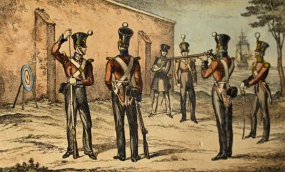 Nuværende kostume af marinesoldaterne ved rundmålsøvelse, ca. 1835 (håndfarvet radering)