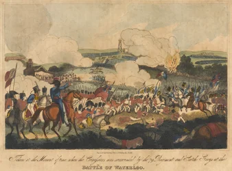 Taget i det øjeblik, hvor Cuirassiers blev omringet af 79 Regiment og Scotch Greys i slaget ved Waterloo, 18. juni 1815, indgraveret af Romney og udgivet af Richard Evans, 1816 (co.
