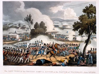 Den venstre fløj af den britiske hær i aktion ved slaget ved Waterloo, indgraveret af Thomas Sutherland, 1815 (farvet akvatint)