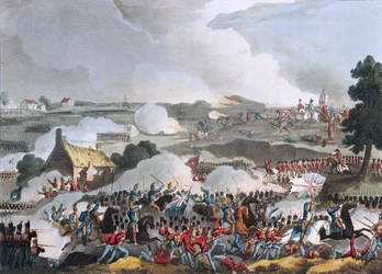 Centrum for den britiske hær i aktion ved slaget ved Waterloo, 18. juni 1815, akvatint af Sutherland, 1815 (farvet akvatint)