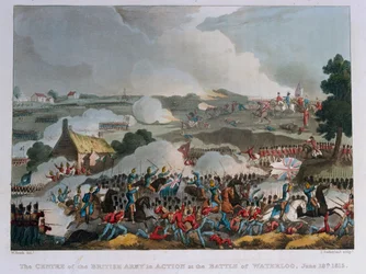Centrum for den britiske hær i aktion ved slaget ved Waterloo, 1815 (akvatint)