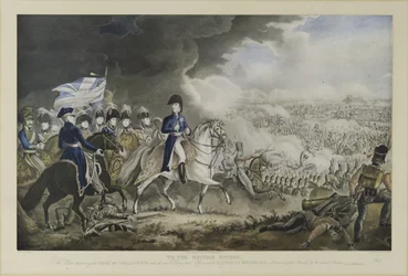 »Til den britiske nation«, hertugen af Wellington og de mest fremtrædende officerer ved slaget ved Waterloo, 18. juni 1815, akvatinte ved W. T. Fry og T. Sutherland, udgivet af J. Jenkins, London, 18